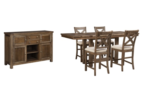 Moriville Counter Height Dining Table, 4 Barstools And Server