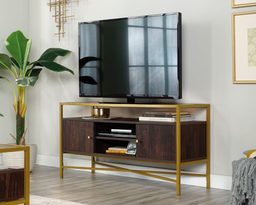 Cotemporary Glass-Top TV Credenza with Concealed Storage