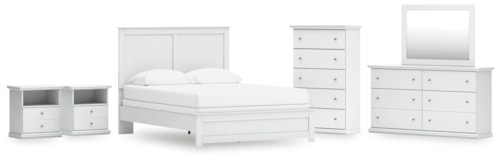 Queen Panel Bed With Mirrored Dresser, Chest And 2 Nightstands