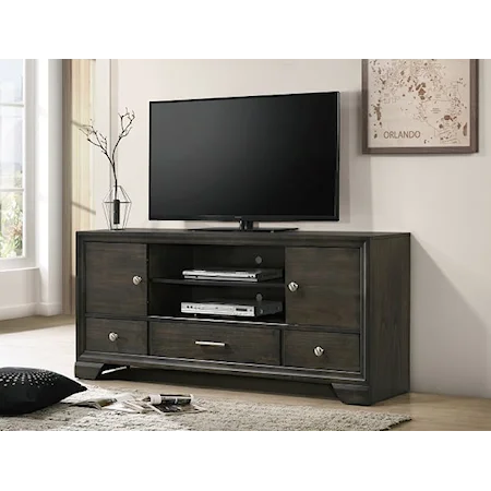 Contemporary Dark Wood TV Stand with Open Shelving and Storage