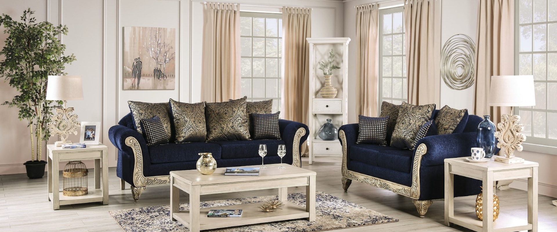Traditional Sofa and Loveseat Set with Intricately Wood-Carved Trim