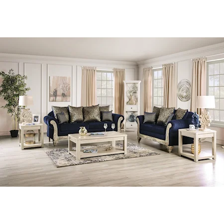 Traditional Sofa and Loveseat Set with Intricately Wood-Carved Trim