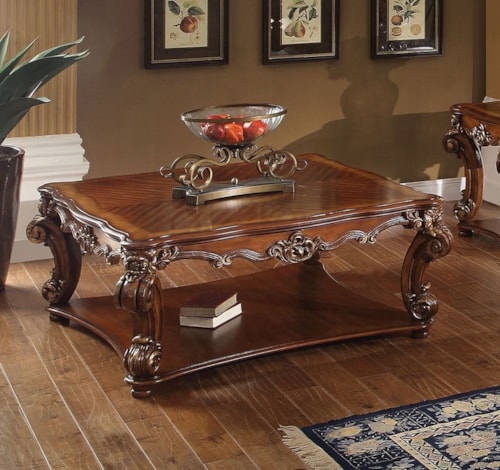 Traditional Square Coffee Table with Scrolled Legs and Bottom Shelf