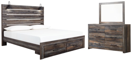 King Panel Storage Bed, Dresser And Mirror
