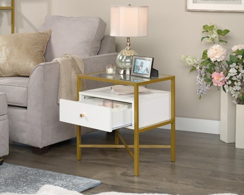 Contemporary Glass-Top End Table with Storage Drawer