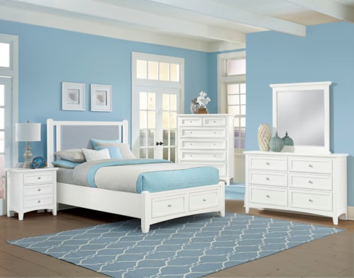 Transitional 5-Piece Blue Upholstered Full Bedroom Set with Footboard Storage