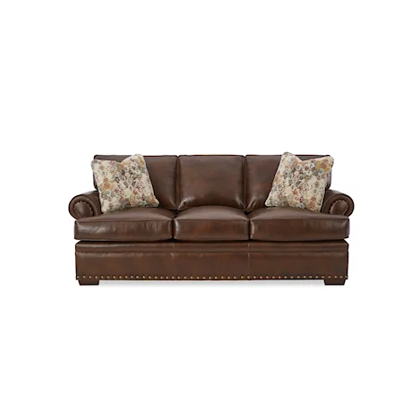 Leather Sofa with Large Nailheads and Toss Pillows