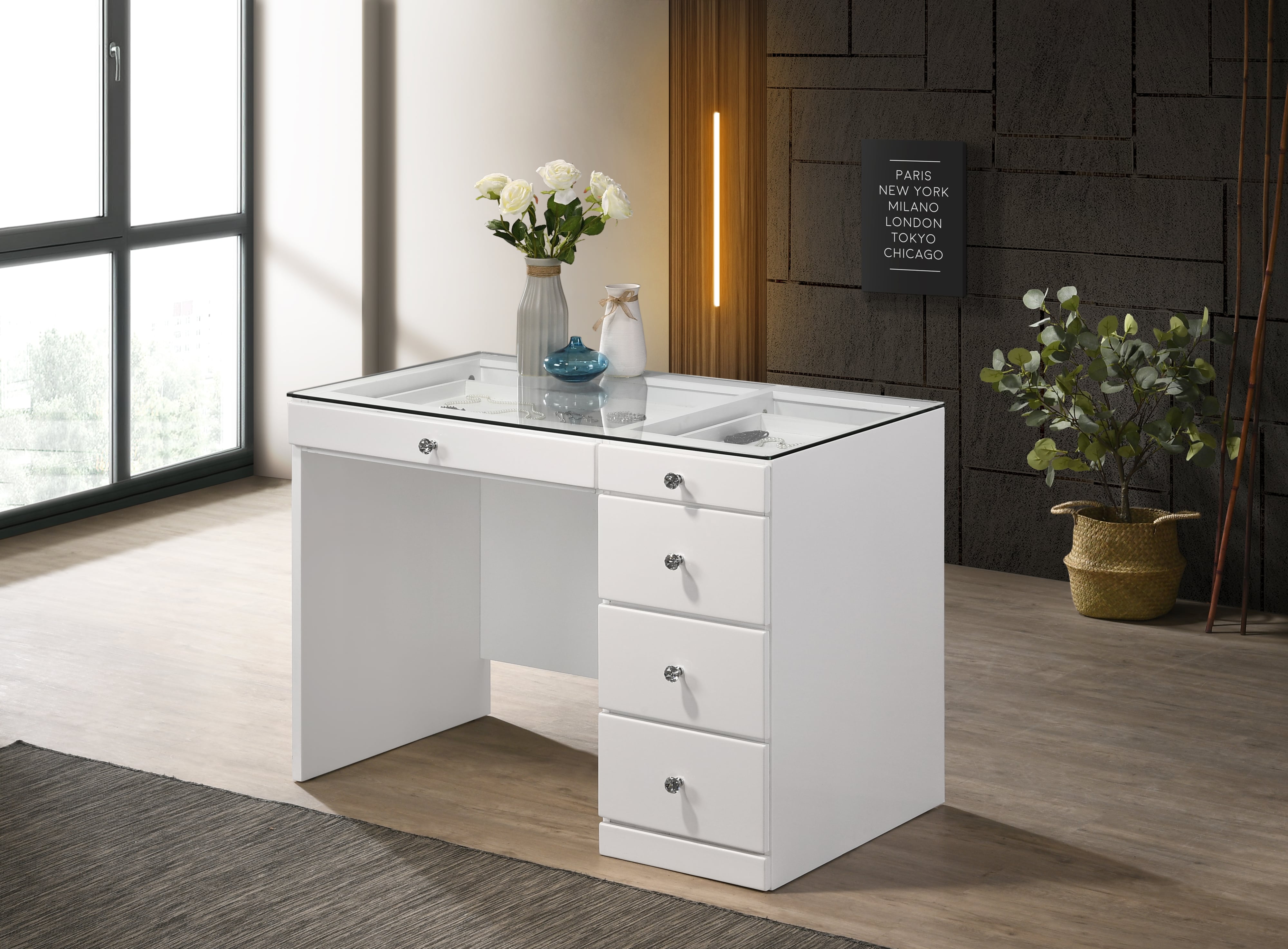 Crown Mark Morgan Vanity Desk and Stool Set - White