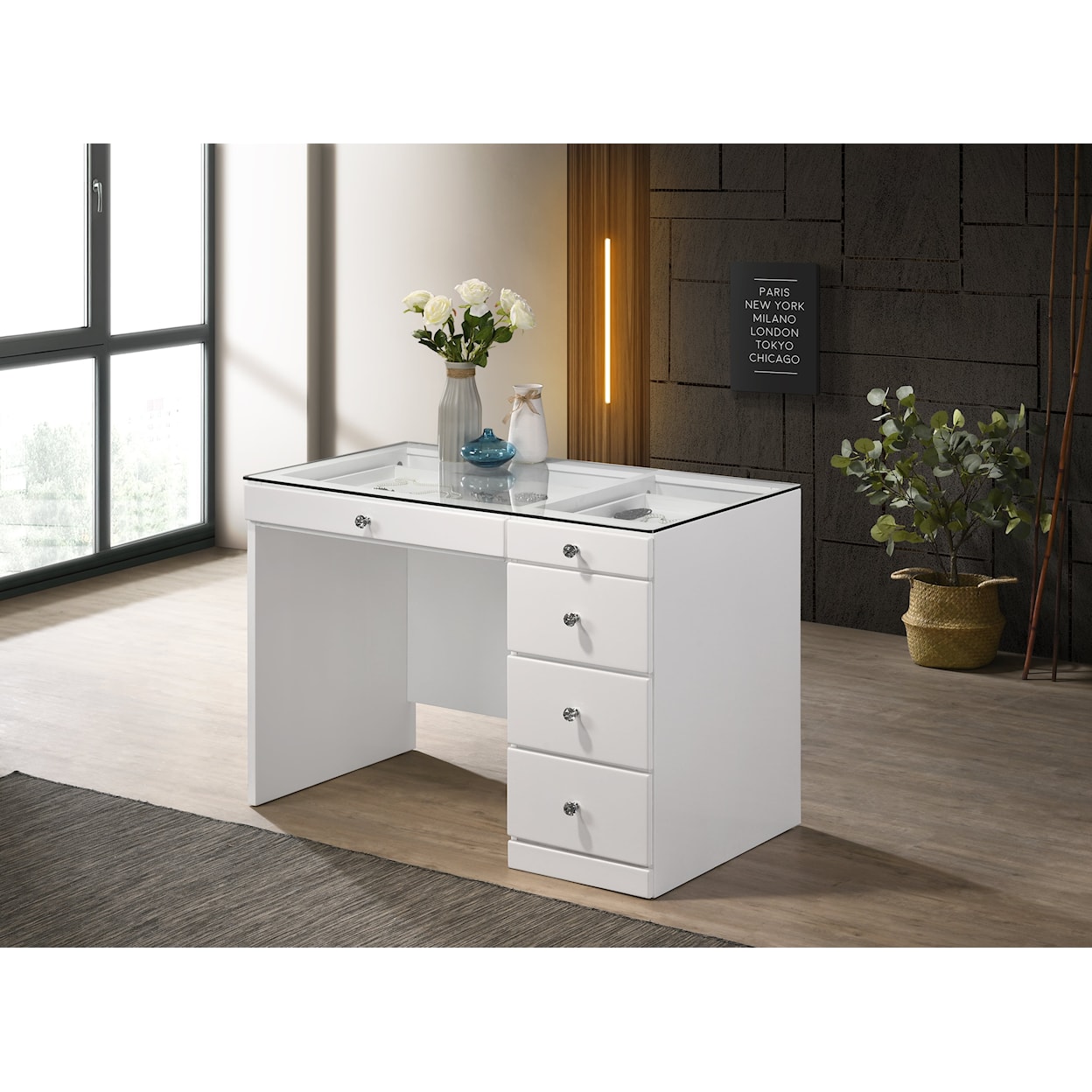 Crown Mark Morgan Vanity Desk and Stool Set - White