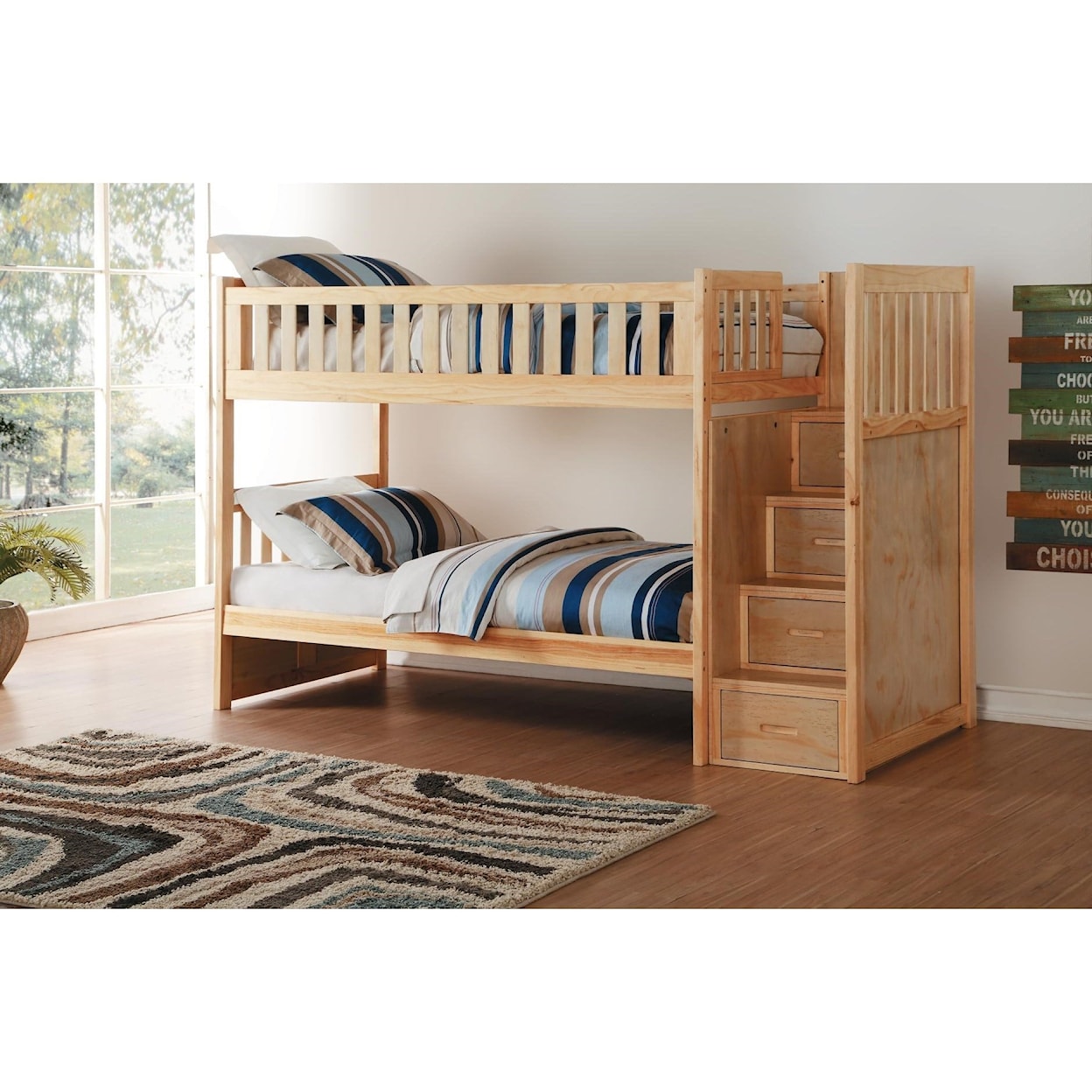 Home Style Natural Twin Over Twin Bunk Bed w/ Stair Storage