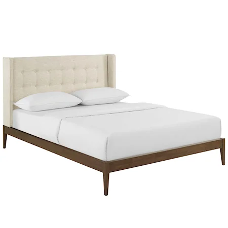 Queen Wingback Upholstered Polyester Fabric Platform Bed