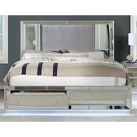 Glam California King Panel Bed w/LED Lights & Footboard Storage