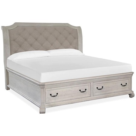 Cottage Style Queen Upholstered Sleigh Bed with 2 Storage Drawers