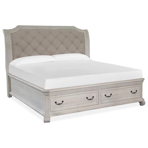 Cottage Style Queen Upholstered Sleigh Bed with 2 Storage Drawers