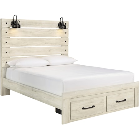 Rustic Queen Panel Bed w/ Lights & Footboard Drawers
