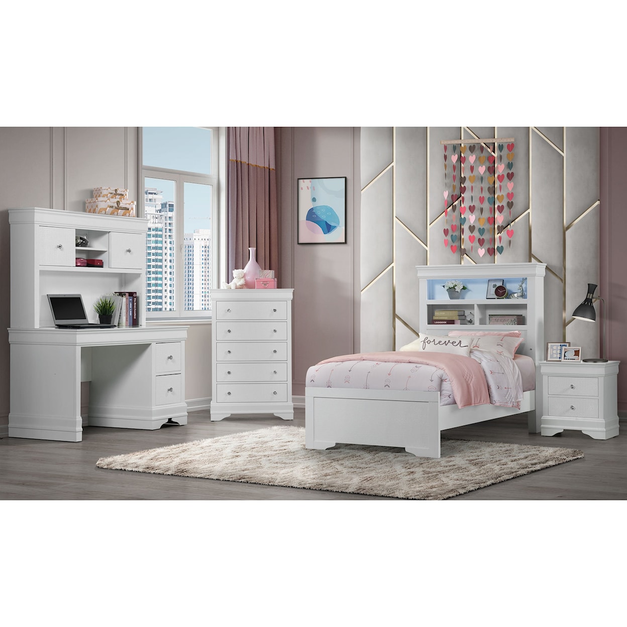 Global Furniture Pompei Twin Bed with Desk, Nightstand and Chest