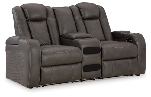 Faux Leather Power Reclining Loveseat With Console and Adjustable Headrests