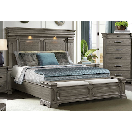 Transitional King Storage Bed with Built-In Lighting