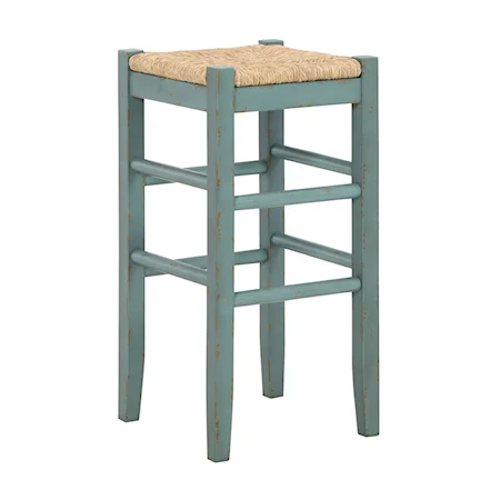 Antique Blue/Teal Bar Height Bar Stool with Woven Seat