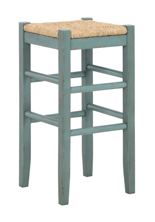 Antique Blue/Teal Bar Height Bar Stool with Woven Seat