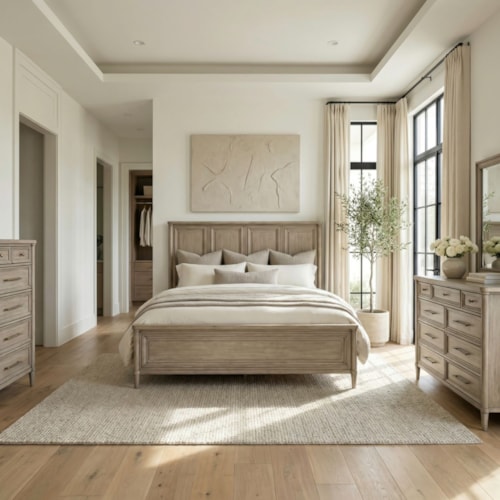 Transitional 4-pc. Queen Panel Bedroom Set with Chest, Dresser & Mirror