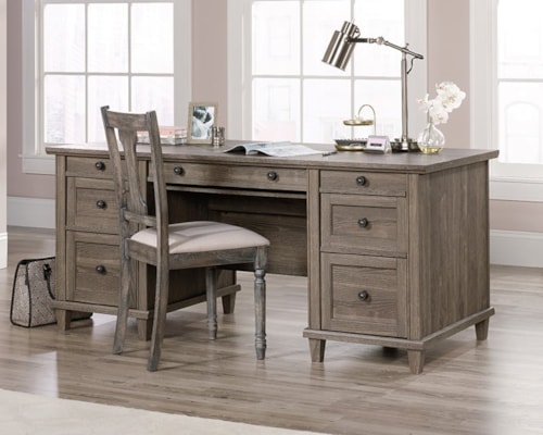 Transitional 7-Drawer Executive Desk with Drop-Front Keyboard/Mousepad