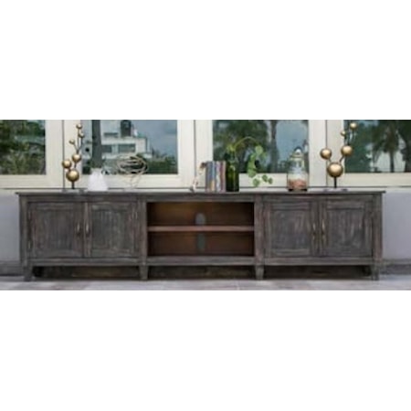 Rustic 93-Inch 4-Door TV Stand with Open Shelving