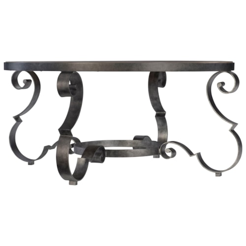 Traditional Round Cocktail Table with Scrolled Steel Base