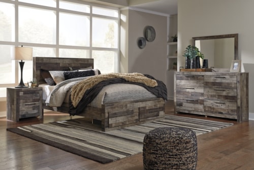 Queen Panel Storage Bed With Mirrored Dresser And Nightstand