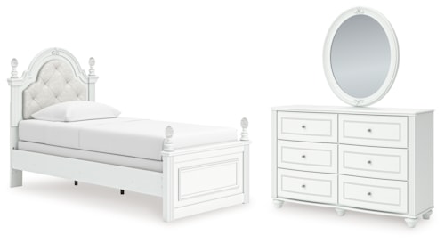 Twin Upholstered Panel Bed, Dresser And Mirror