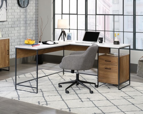 Contemporary L-Shaped Desk with File Drawer & Open Storage Shelf