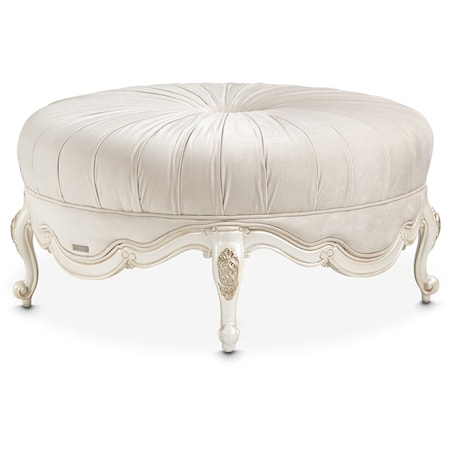 Traditional Upholstered Round Ottoman with Scroll Legs