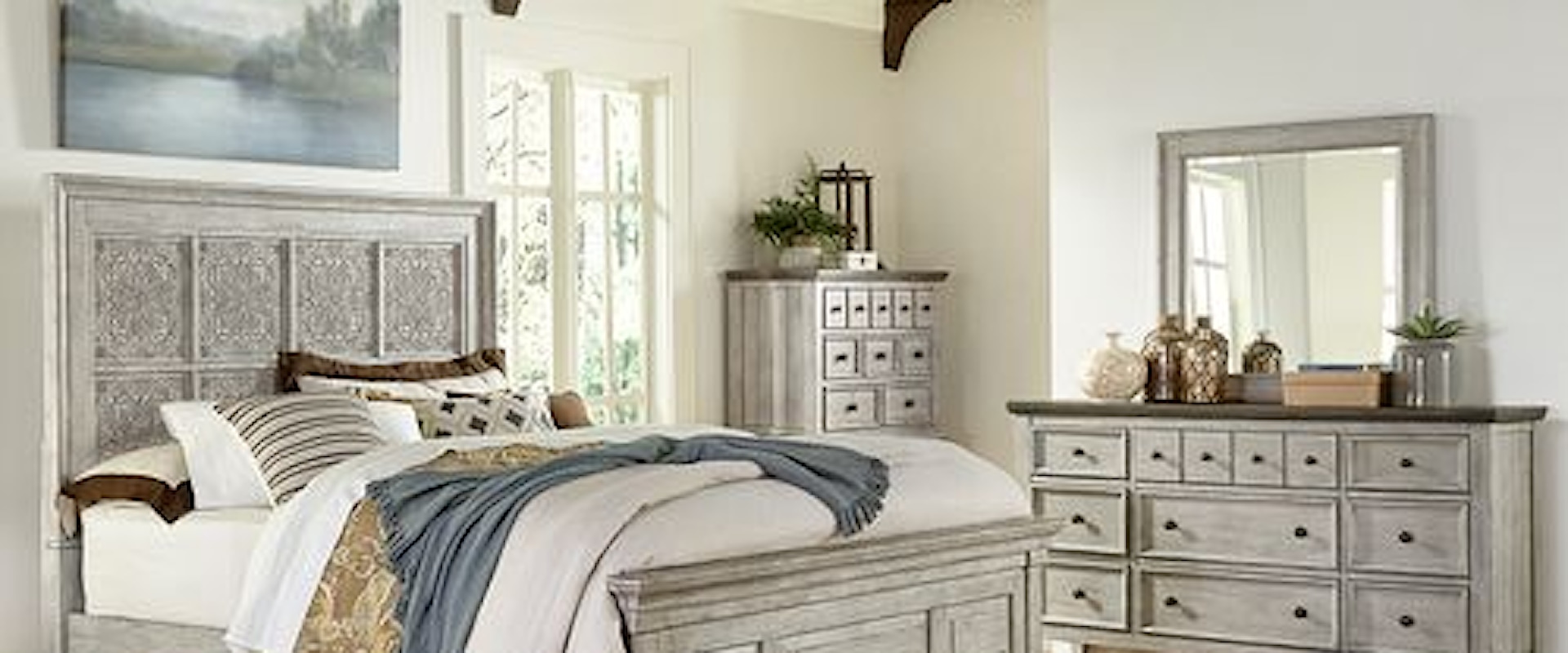 Farmhouse 4-Piece Decorative King Panel Bedroom Group with Bedroom Chest