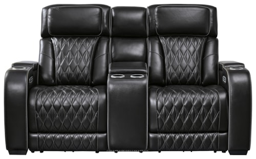 Leather Match Power Recl Loveseat w/ Console & Adj Hdrsts