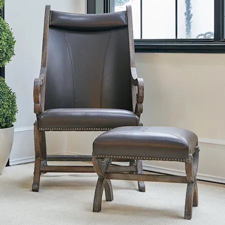 Traditional Exposed Wood Accent Chair with Ottoman