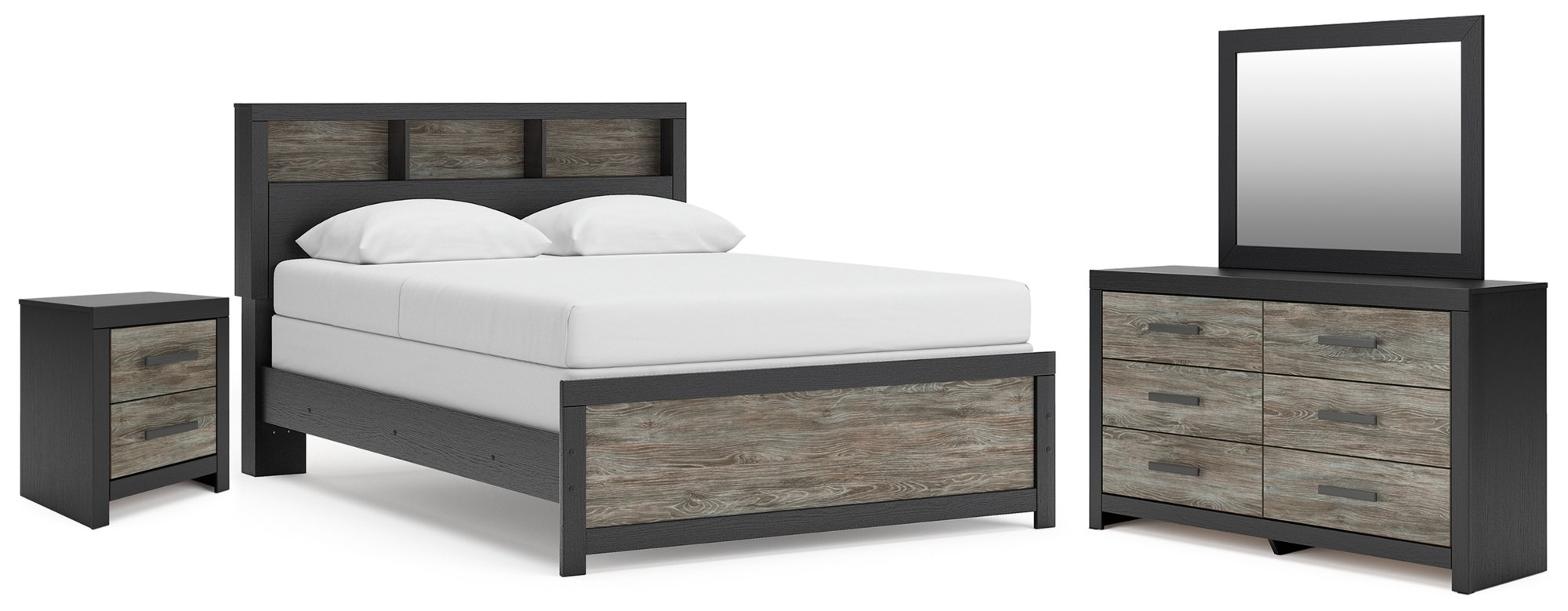 Queen Bookcase Panel Bed, Dresser, Mirror And Nightstand