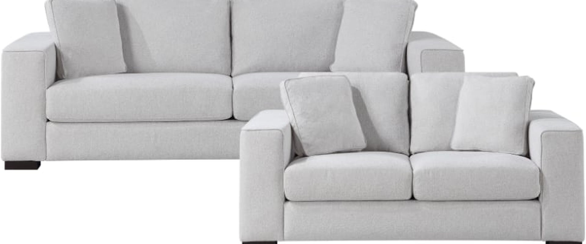 Contemporary 2-Piece Living Room Set with Track Arms and Throw Pillows