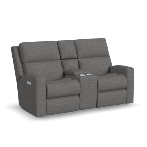 Contemporary Power Reclining Loveseat with Console, Power Headrests & Lumbar