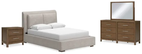 Queen Upholstered Bed with Mirrored Dresser and Nightstand