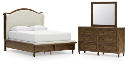 Queen Upholstered Panel Bed, Dresser And Mirror