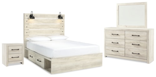 Queen Panel Bed With Storage, Dresser, Mirror And Nightstand