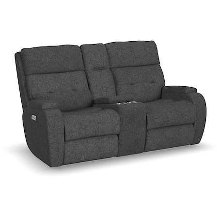 Transitional Dual Power Reclining Loveseat w/Storage Console & Cup Holders