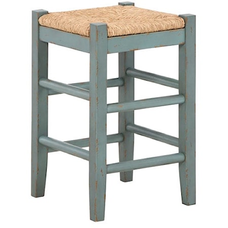 Antique Blue/Teal Counter Height Bar Stool with Woven Seat