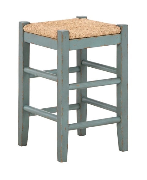 Antique Blue/Teal Counter Height Bar Stool with Woven Seat