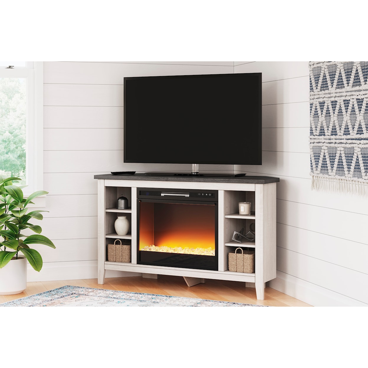 Ashley Signature Design Dorrinson Corner TV Stand with Fireplace