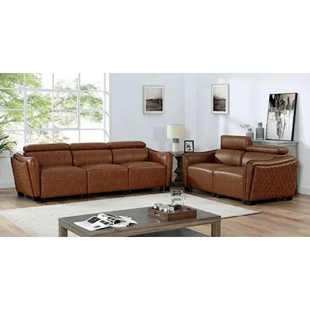 Mid-Century Modern Brown Sofa and Loveseat with Adjustable Headrests