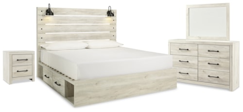 King Panel Storage Bed, Dresser, Mirror And Nightstand