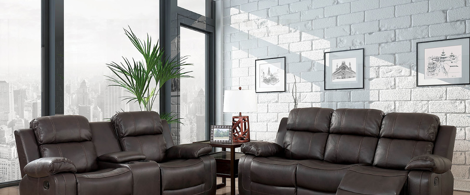 Transitional Reclining Sofa and Loveseat Set with Cupholders