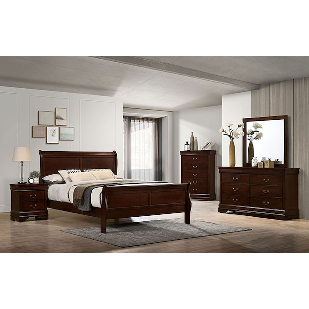 Furniture of America Louis Philippe Queen Bed + 2NS + Dresser + Mirror