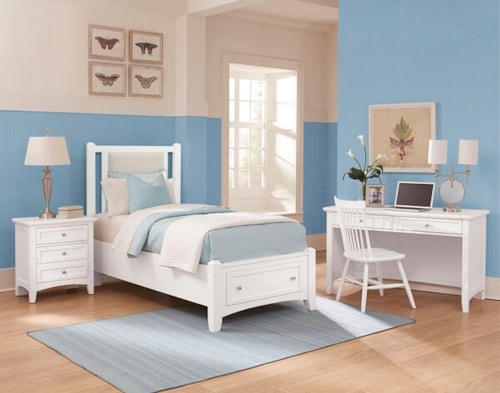 Transitional 4-Piece Linen Upholstered Twin Bedroom Set with Footboard Storage